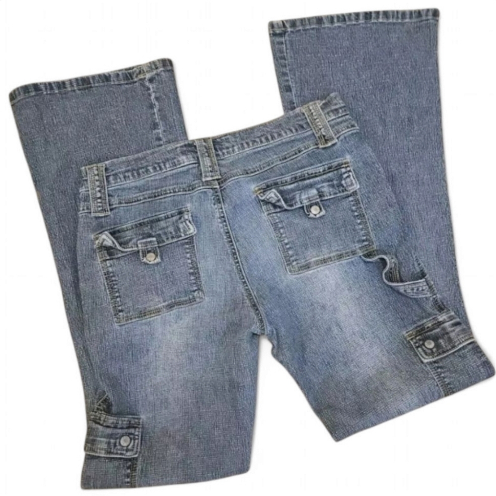 Vanilla Star Y2K Vintage Cargo Strecth Jeans Flare Leg Sz 9 Snap Button Pockets